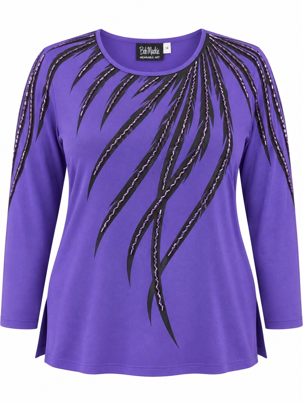 BOB MACKIE | Wearable Art Purple Beaded Feather Frond Tunic Sweater Plus | 1X